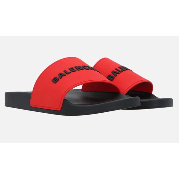 Balenciaga Black Red Bicolor Rubber Logo Slide Pool Sandal Flip Flop Flat 44 11 - Picture 3 of 12